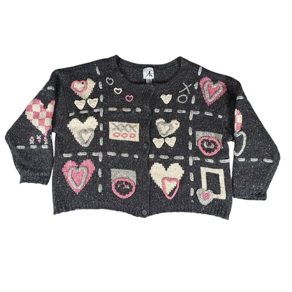 Vintage Wool Angora Blend Sweater Button Up Cardigan JK America Love Hearts XOXO - Picture 1 of 16